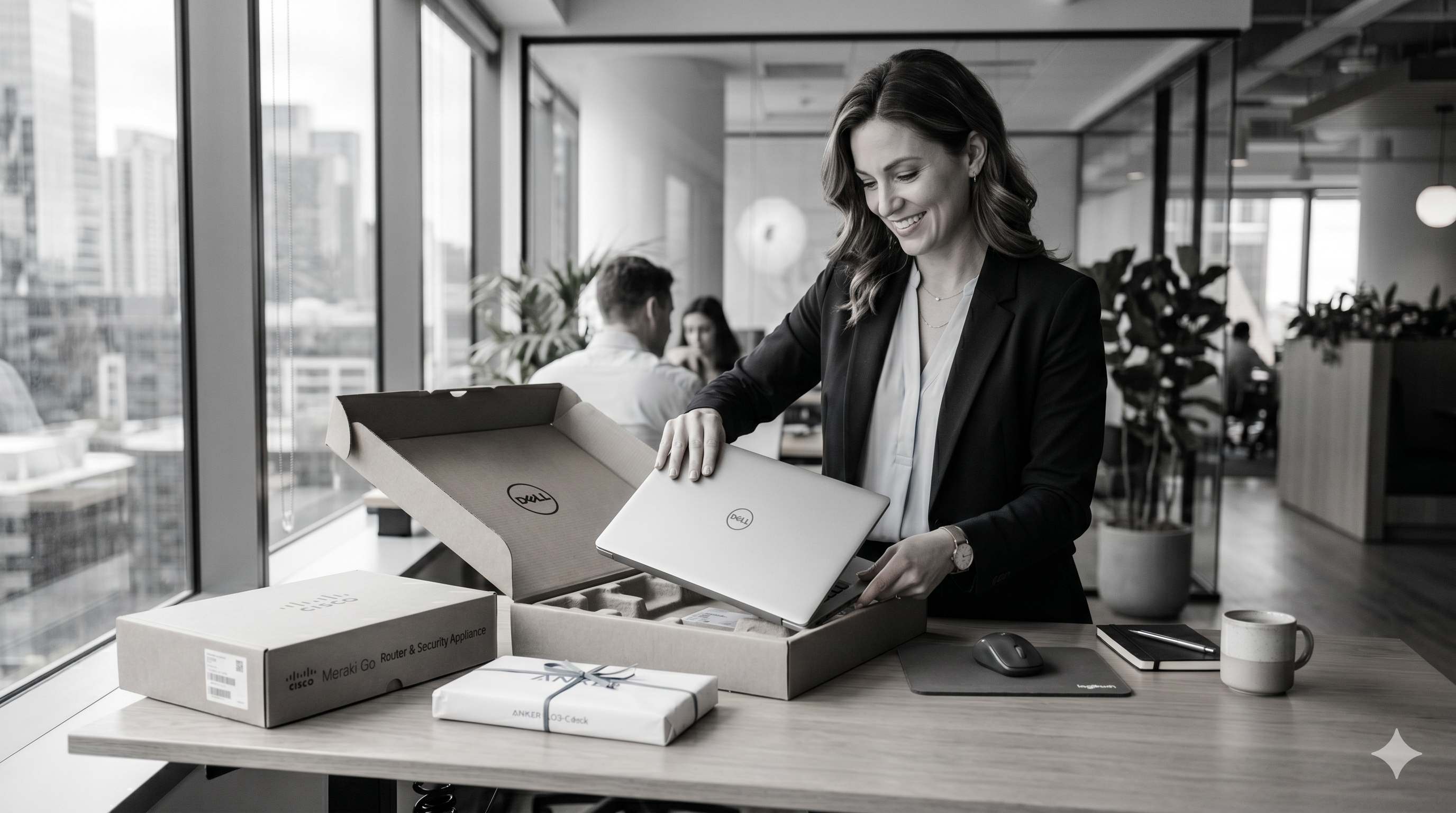 A professional woman in a modern office unboxing a brand-new business-grade Dell laptop, with a Cisco Meraki Go networking appliance and other pre-configured business hardware on the desk beside her