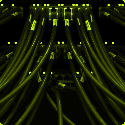 Fibre optic and ethernet cables connected to a network switch.